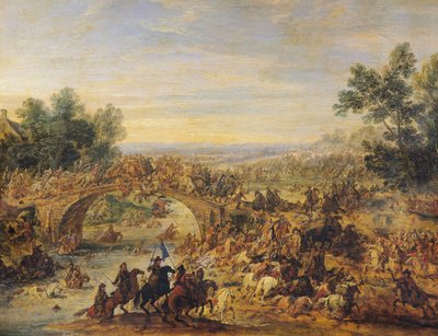 Cavaleriegevecht op een brug door Adam Frans van der Meulen